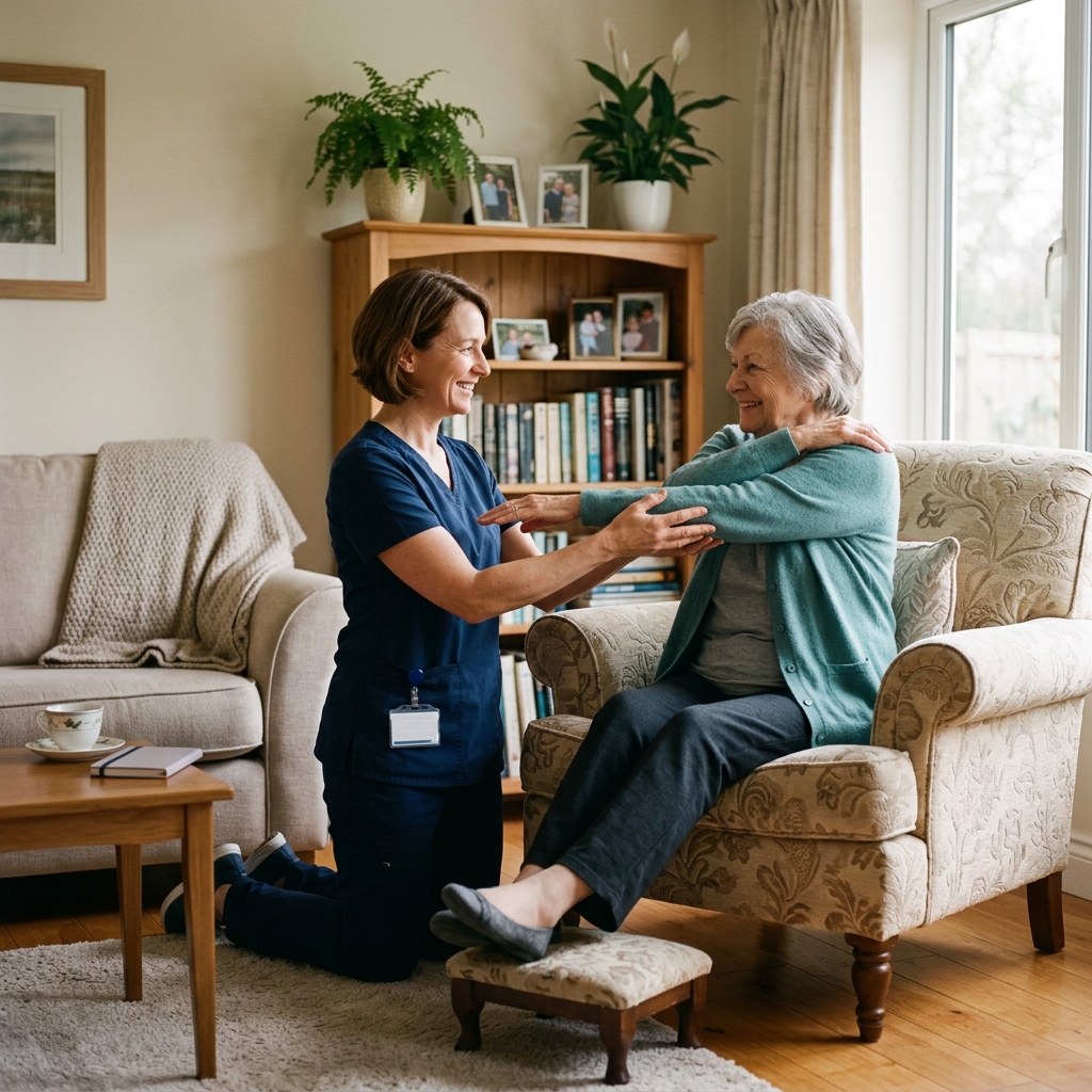 Physical therapist providing in-home care to a patient