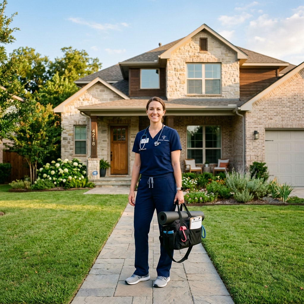 Physical therapist ready for a home health visit in Dallas